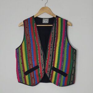 Tipicos Vintage Bohemian Multicolored Striped Button Front Vest Cotton Blend